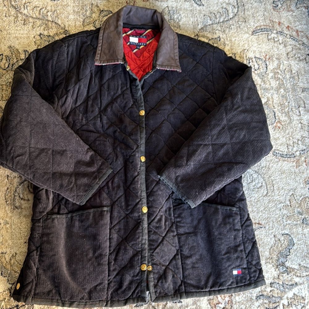 Vintage Tommy Hilfiger Quilted Corduroy Leather Collar Jacket Coat